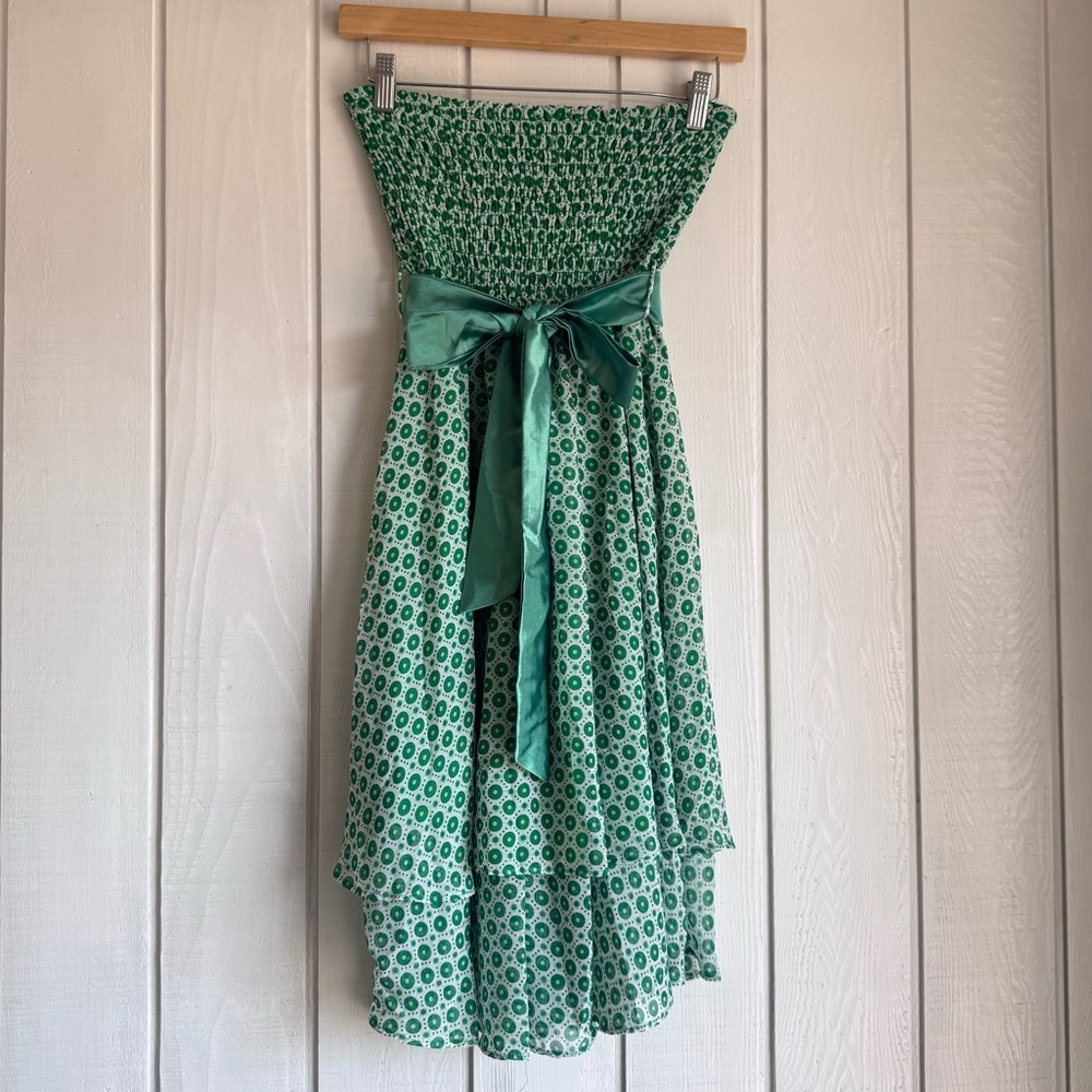 Vintage Mystic Green and White Polka Dot Strapless Dress